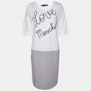 Love Moschino White & Grey Book Paper Printed Cotton Knit T-Shirt Dress M