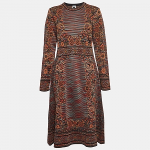 Pre Owned M Missoni Brown Floral Intarsia Knitted Long Sleeve Midi Dress L