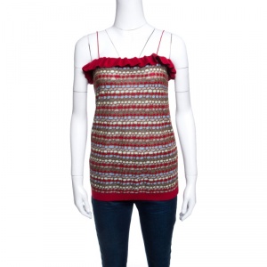 Pre Owned M Missoni Multicolor Knit Ruffle Trim Noodle Strap Top L