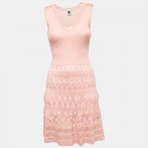 Pre Owned M Missoni Pink Perforated Knit Sleeveless Skater Dress IT 38