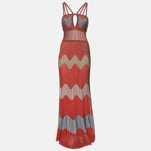 Pre Owned M Missoni Pink Wave Pattern Lurex Knit Plisse Maxi Dress S