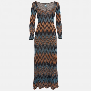 Pre Owned M Missoni Blue & Orange Chevron Patterned Lurex Knit Maxi Dress M