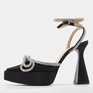 Pre Owned Mach & Mach Black Satin Double Bow Crystal Embellished Platform Pumps Size 40