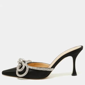 Pre Owned Mach & Mach Black Satin Crystal Embellished Double Bow Mules Size 38