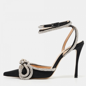 Pre Owned Mach & Mach Black Satin Crystal Embellished Ankle Wrap Pumps Size 37