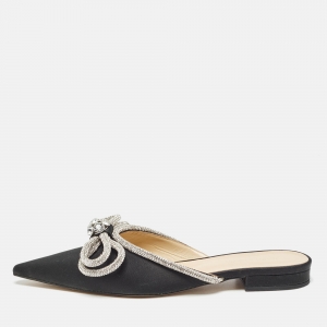 Pre Owned Mach & Mach Black Satin Crystals Double Bow Flat Mules Size 40.5