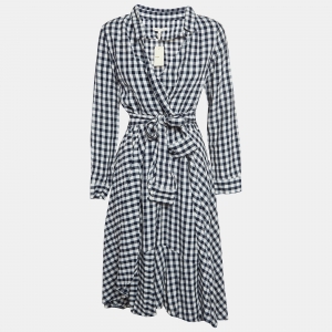 Maje Navy Blue Gingham Crepe Waist Tie-Up Asymmetric Midi Dress M