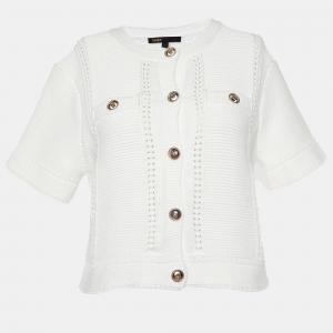 Maje White Cotton Knit Button Front Cropped Cardigan S