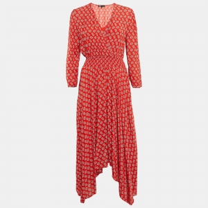 Maje Red Monogram Print Crepe Midi Dress L