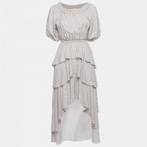 Maje Beige Striped Crepe Tiered Asymmetric Midi Dress M
