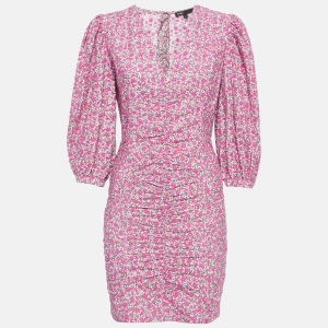 Maje Pink Embroidered Floral Print Cotton Ruched Mini Dress M