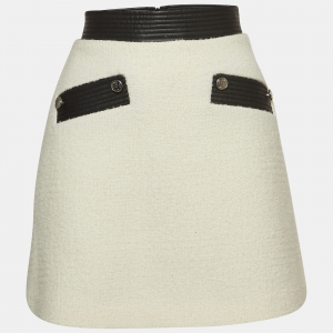 Maje White Leather Trim Wool Blend Mini Skirt M