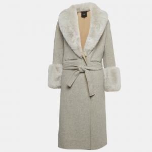 Maje Grey Wool Blend Fur Detailed Long Coat S