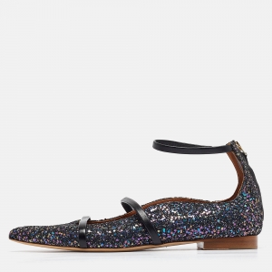 Malone Souliers Navy Blue Coarse Glitter Robyn Ankle Strap Flats Size 40