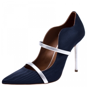 Pre Owned Malone Souliers Navy Blue Moire Fabric Maureen Pointed Toe Mules Size 37.5