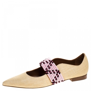 Pre Owned Malone Souliers Beige Raffia And Braided Elastic Martina Luwolt Pointed Toe Ballet Flats Size 37
