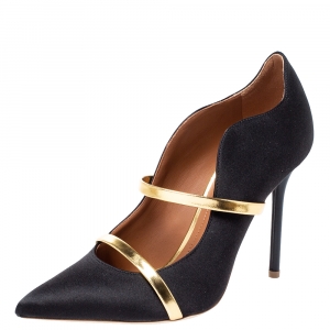 Pre Owned Malone Souliers Black Satin And Leather Maureen Pointed Toe Pumps Size 38