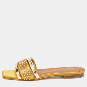 Malone Souliers Gold/Mustard Leather and Satin Rosa Flat Slides Size 36.5