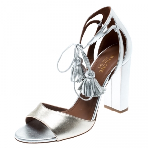 Pre Owned Malone Souliers Metallic Silver/Gold Leather Gladys Ankle Tassel Wrap Open Toe Sandals Size 37