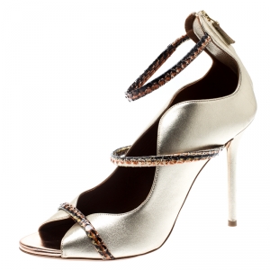 Pre Owned Malone Souliers By Roy Luwolt Metallic Gold And Python Leather Mika Triple Band Peep Toe Pumps Size 39