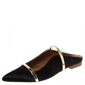 Pre Owned Malone Souliers Black/Gold Satin Maureen Pointed Toe Flats Size 39.5