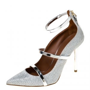 Pre Owned Malone Souliers Silver Glitter Fabric and Patent Leather Robyn Ankle Strap Pumps Size 36