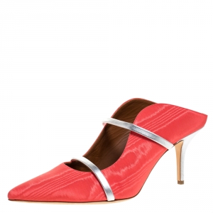 Pre Owned Malone Souliers Coral Orange/Silver Canvas And Leather Maureen Pointed Toe Mules Size 42