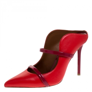 Pre Owned Malone Souliers Red/Maroon Leather And Patent Leather Maureen Pointed Toe Mules Size 38