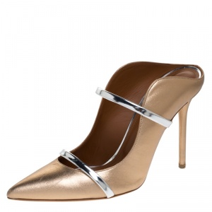Pre Owned Malone Souliers Rose Gold//Silver Leather Maureen Pointed Toe Mules Size 41