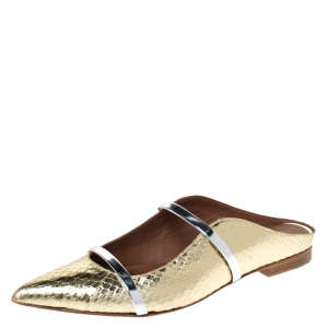 Pre Owned Malone Souliers Gold Snake Leather And Silver Leather Maureen Pointed Toe Mules Size 38