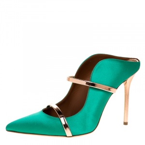 Pre Owned Malone Souliers Green/Bronze Satin Maureen Pointed Toe Mules Size 41