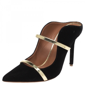 Pre Owned Malone Souliers Black Velvet And Metallic Gold Maureen Mules Size 38.5