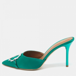 Pre Owned Malone Soulier's Green Satin Crystal Embellished Pointed Toe Mules Size 40.5