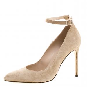 Pre Owned Manolo Blahnik Beige Suede Raret Ankle Strap Pointed Toe Pumps Size 38.5