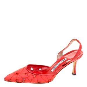 Manolo Blahnik Coral Red Floral Embroidered Fabric Carolyne Slingback Sandals Size 37