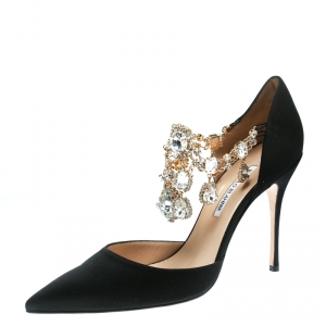 Pre Owned Manolo Blahnik Black Satin Zullin Crystal Jeweled Pointed Toe D'orsay Pumps Size 42