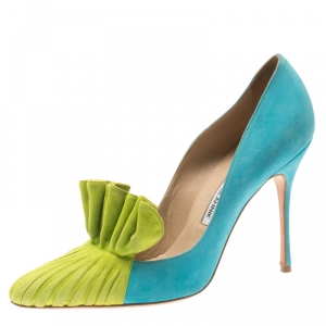 Pre Owned Manolo Blahnik Blue/Green Suede Arleti Frill Detail Pumps Size 39