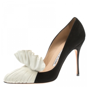 Pre Owned Manolo Blahnik Black and Beige Suede Arleti Frill Detail Pumps Size 38