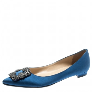 Pre Owned Manolo Blahnik Blue Satin Hangisi Ballet Flats Size 35.5