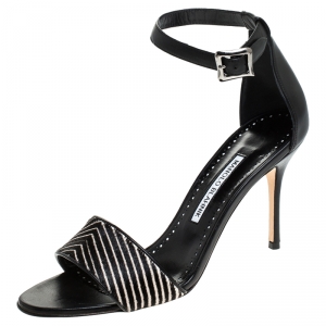 Manolo Blahnik Black/White Pony Hair And Leather Tresov Ankle Strap Sandals Size 40