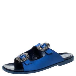 Pre Owned Manolo Blahnik Blue Satin Sturlushangi Flat Slides Size 39