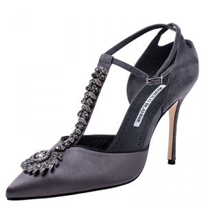 Pre Owned Manolo Blahnik Grey Satin And Suede Eridania Embellished Ankle Strap Pumps Size 37