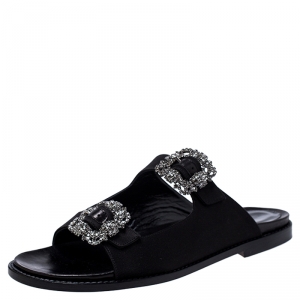 Manolo Blahnik Black Satin Sturlushangi Embellished Flat Sandals Size 38
