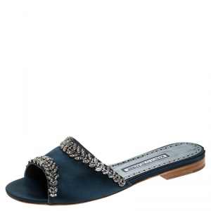 Manolo Blahnik Green Satin Triunslo Embellished Open Flat Slides Size 37.5