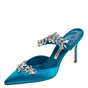 Manolo Blahnik Blue Crystal Embellished Satin Lurum Mule Sandals Size 38