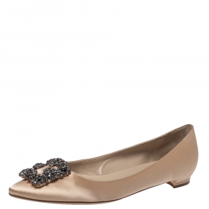 Pre Owned Manolo Blahnik Beige Satin Hangisi Ballet Flats Size 39