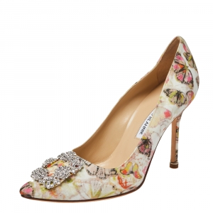 Pre Owned Manolo Blahnik Multicolor Butterfly Print Fabric Hangisi Pointed Toe Pumps Size 38.5