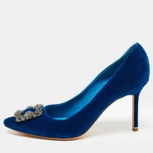 Pre Owned Manolo Blahnik Blue Velvet Hangisi Pumps Size 41