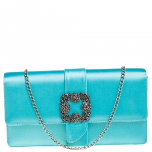 Manolo Blahnik Blue Satin Capri Chain Clutch
