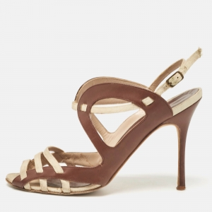 Manolo Blahnik Brown/Beige Canvas and Leather Strappy Slingback Sandals Size 37.5